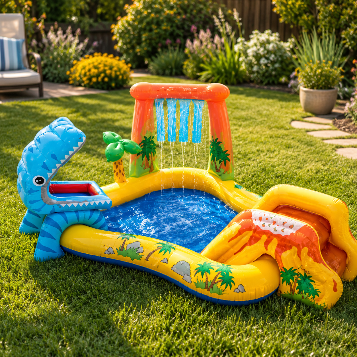 A colorful inflatable children's pool set on a green grassy backyard lawn. The pool features a blue dinosaur head on the left, a yellow slide with red-orange lava details on the right, a blue water-filled pool in the center, and an orange and yellow waterfall structure at the back with palm tree graphics.